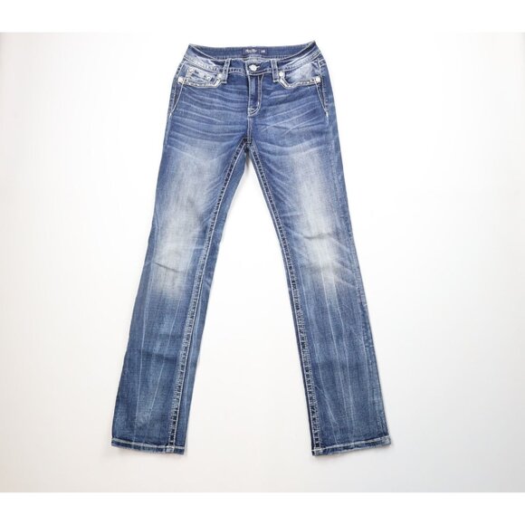 Miss Me Denim - Miss Me Womens 28 Thick Stitch Jeweled Sequin Mid Rise Straight Leg Denim Jeans